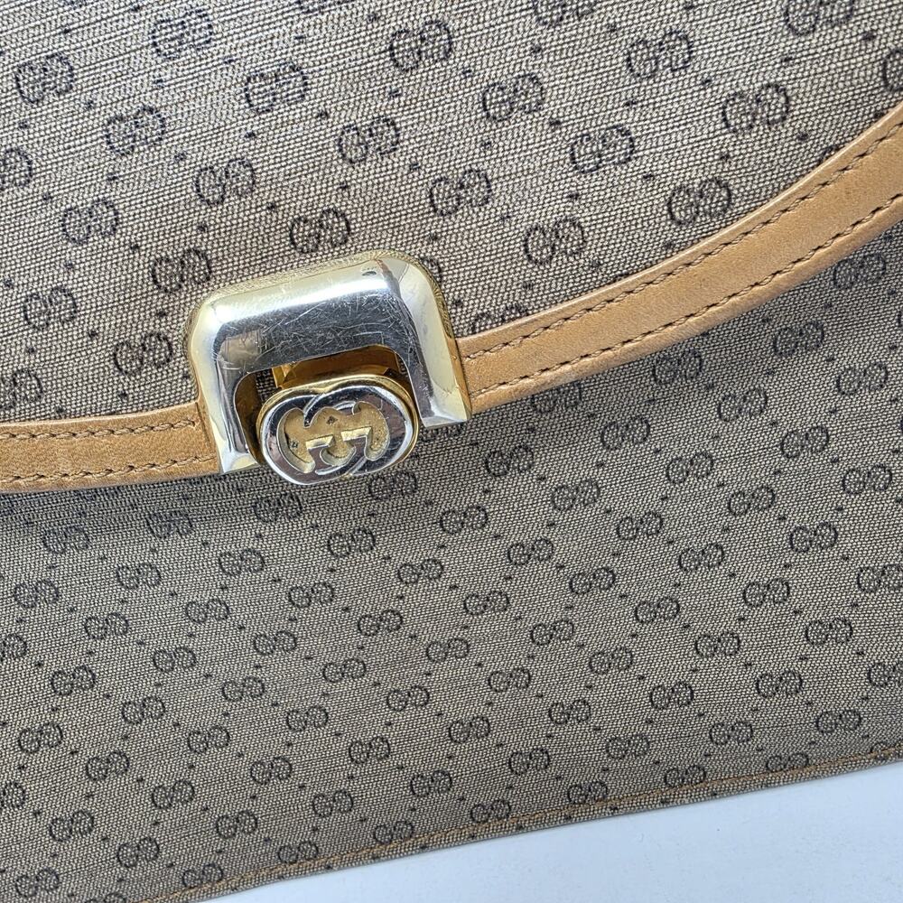 Vintage Gucci Micro GG Crossbody Bag 1970s Tan Canvas Italy Brass Lock Brown - Picture 3 of 16